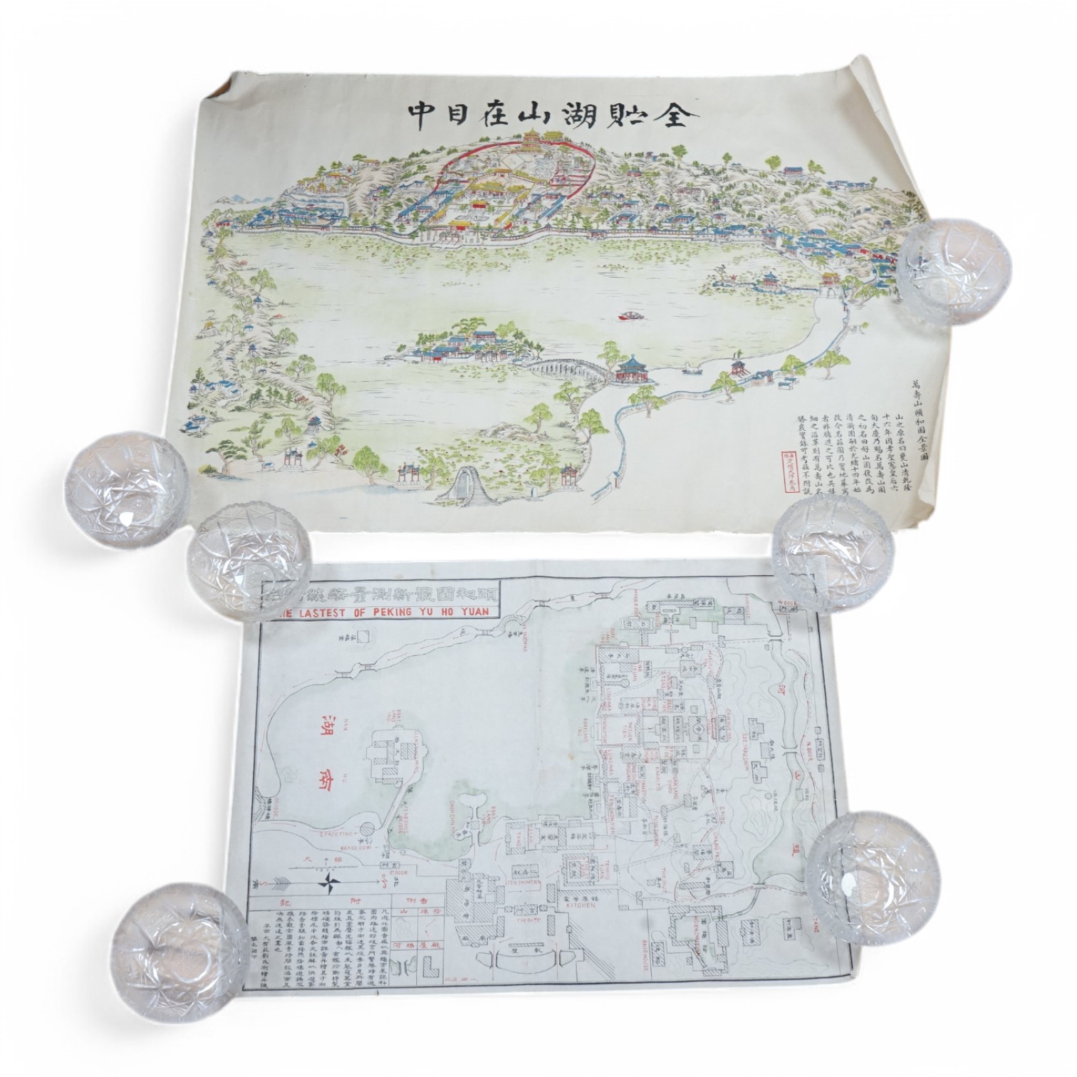 Two Chinese hand coloured scroll prints of Beijing Summer Palace, unframed. Condition - rips and creases to the edges